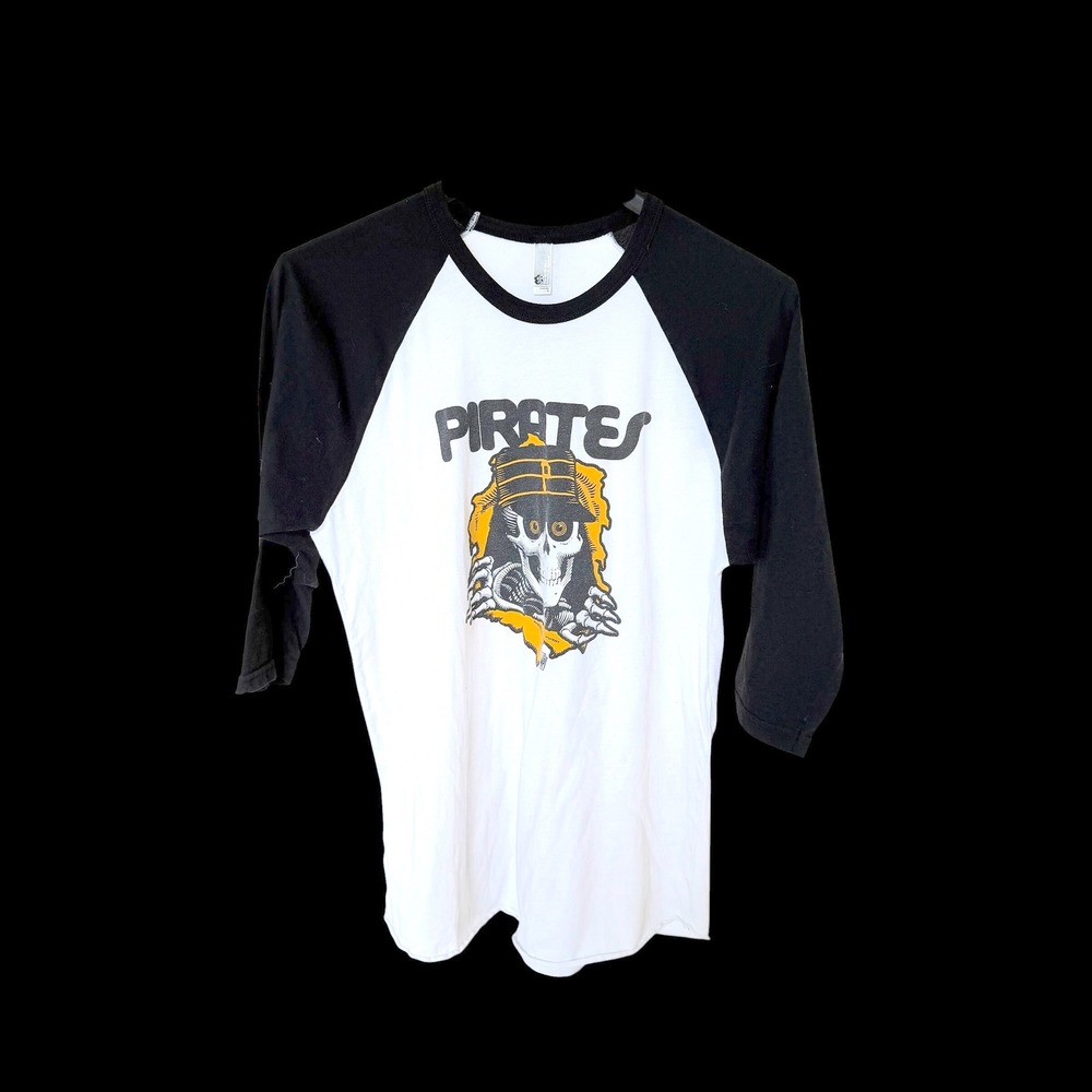 Y2K American Apparel Pittsburgh Pirates Skeleton Baseball Raglan Shirt L Black